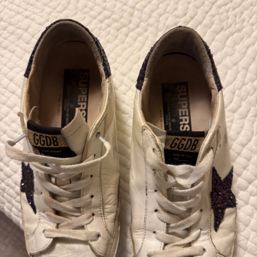 Golden Goose White Leather Sneakers with Black Glitter Star and Heel - Picture 7 of 12